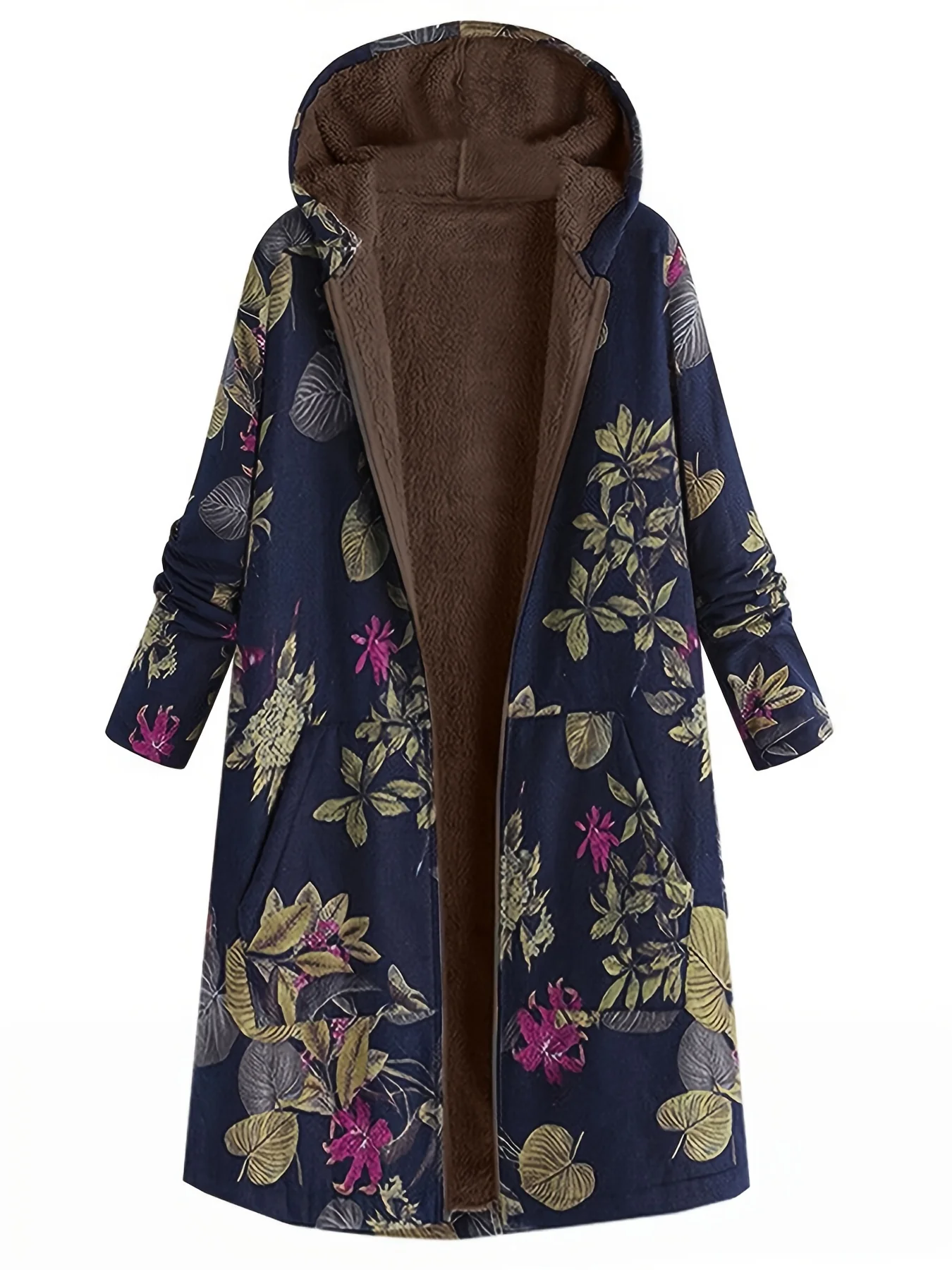 deanwangkt Floral Print Pocket Hooded Coat, Casual Longline Long Sleeve Thermal Coat For Fall & Winter, Women's Clothing - Deanwangkt