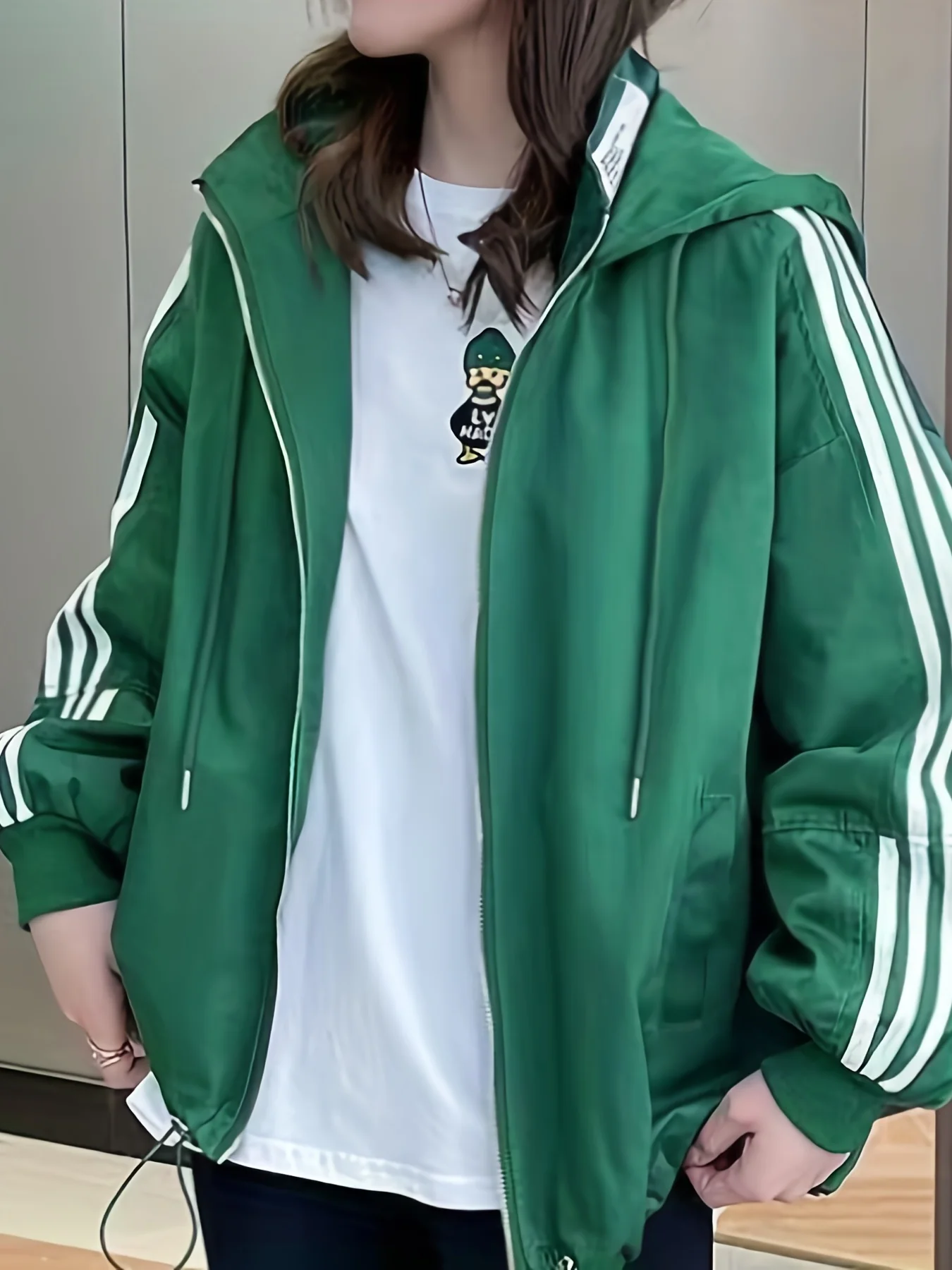 deanwangkt-1 Striped Print Zip Up Jacket, Casual Drawstring Hooded Jacket, Women's Clothing - Deanwangkt