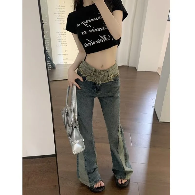 deanwangkt Summer New Splice Slim Raglan Jeans Women Spice Girls High Waist Design Sense Small Public Show Thin Flare Pants - Deanwangkt