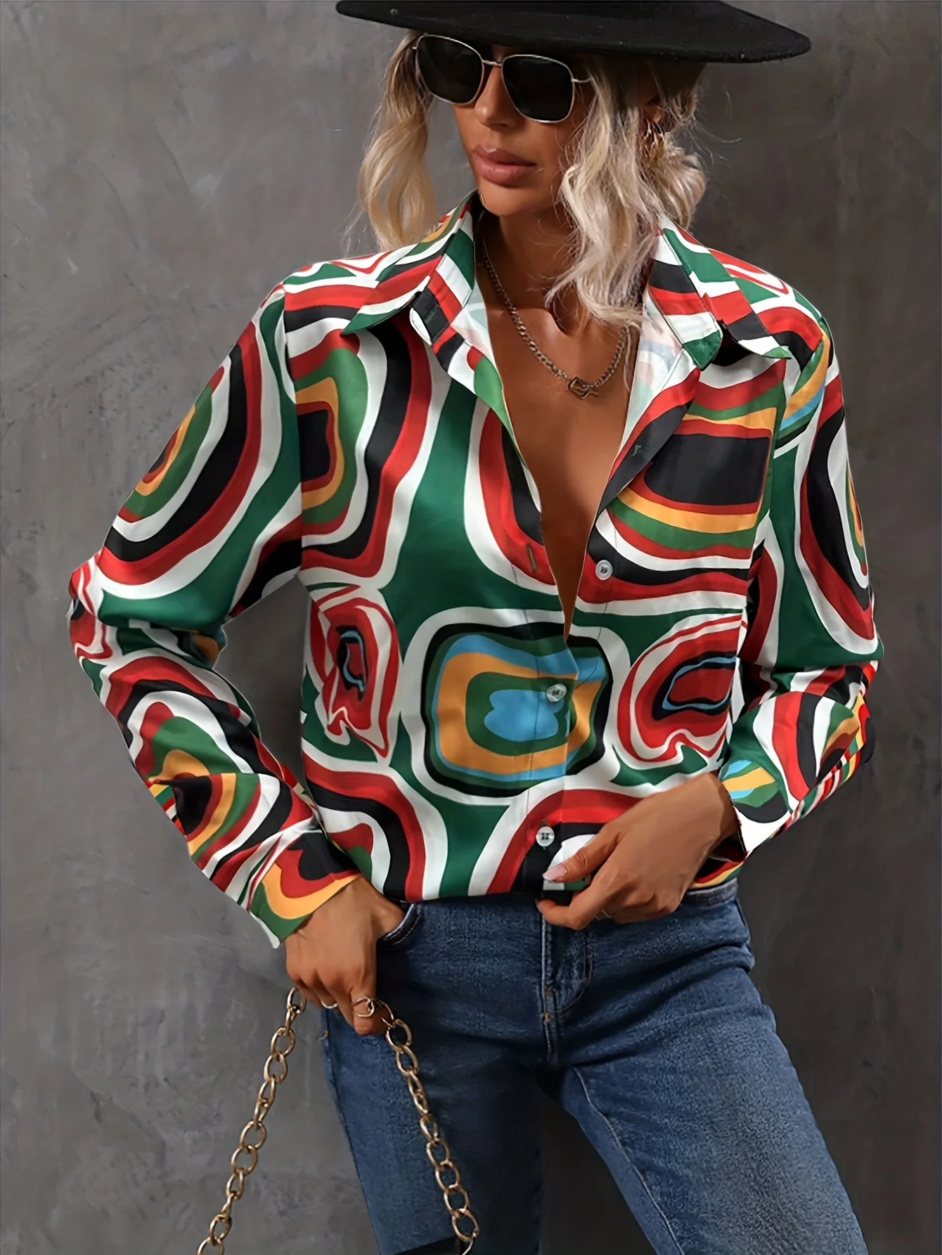 Abstract Print Shirt, Casual Button Front Long Sleeve Shirt, Women's Clothing - Deanwangkt