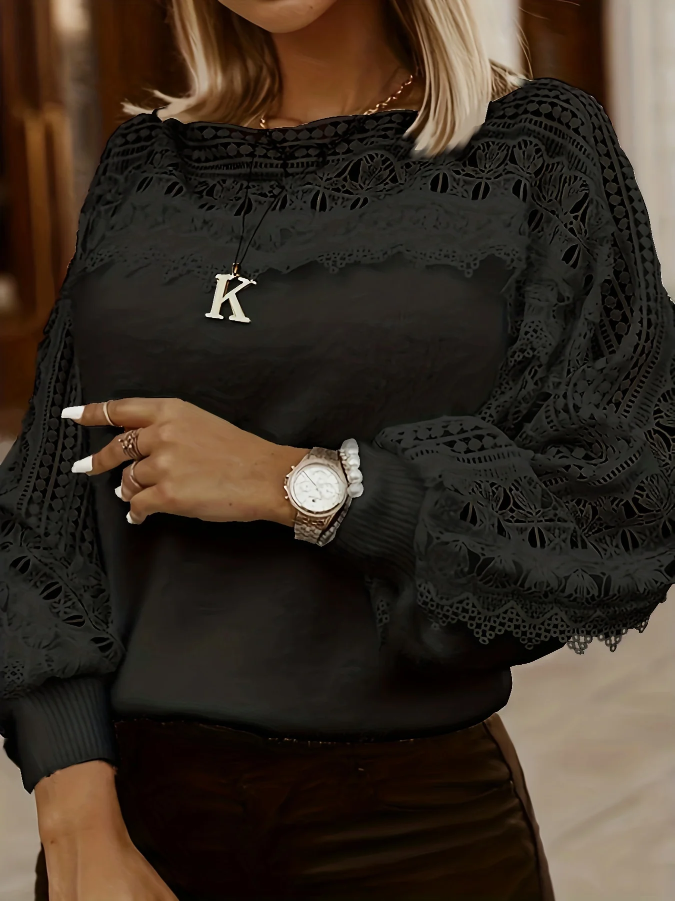 Cutout Lace Stitching T-Shirt, Casual Long Sleeve Top For Spring & Fall, Women's Clothing - Deanwangkt