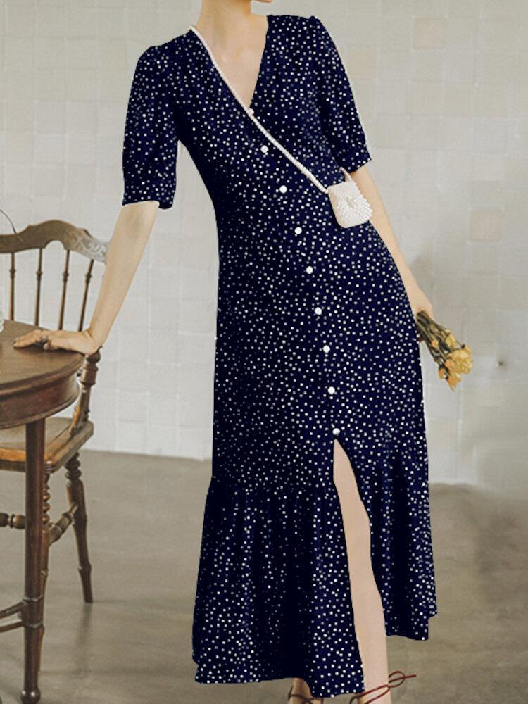 deanwangkt Polka Dot Print V-neck Short Sleeve Buttons Summer Beach Holiday Shirt Dress - Deanwangkt
