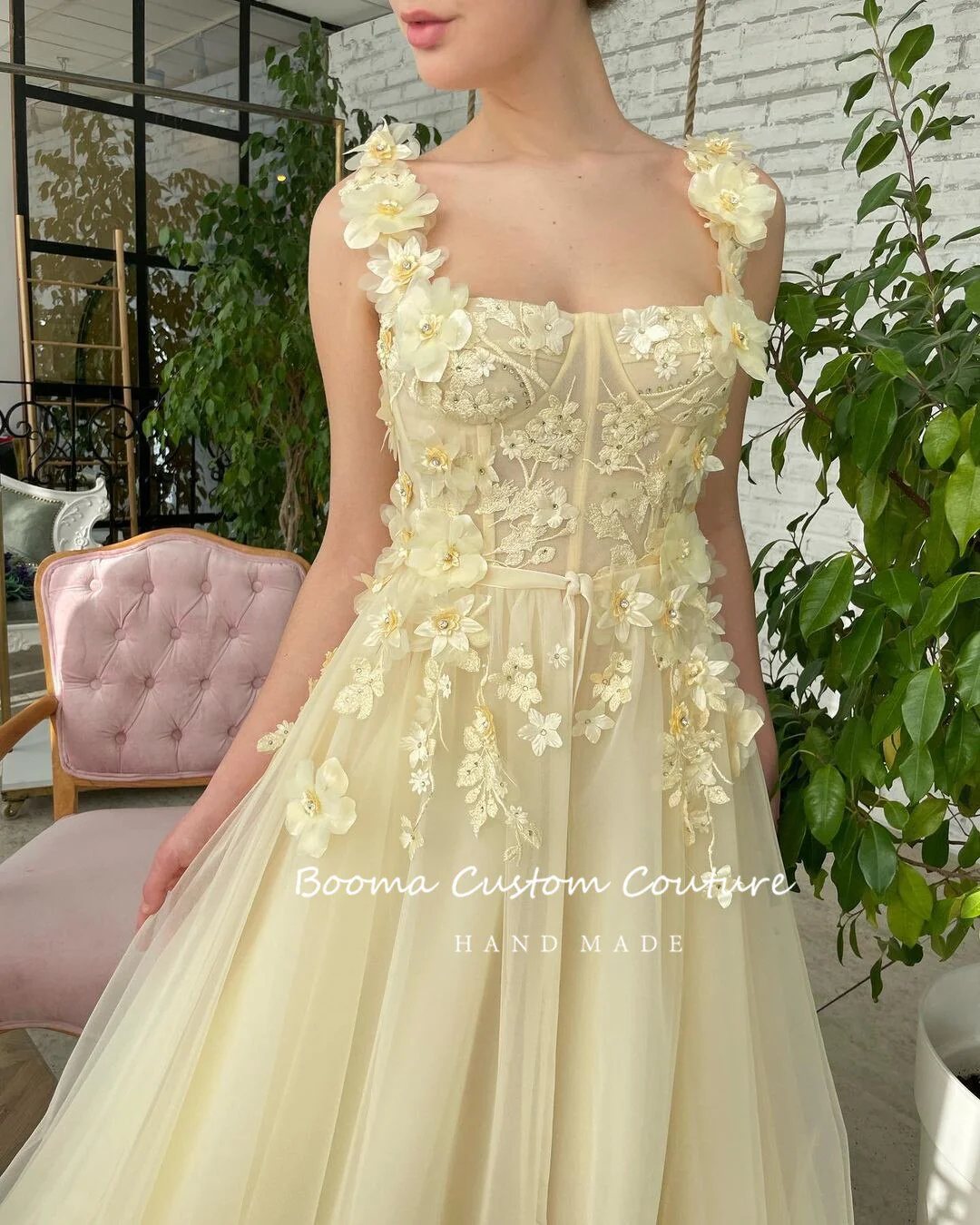 Light Yellow Tulle Maxi Prom Dresses Spaghetti Straps Flowers Appliques A-Line Wedding Party Dresses Formal Evening Gowns - Deanwangkt