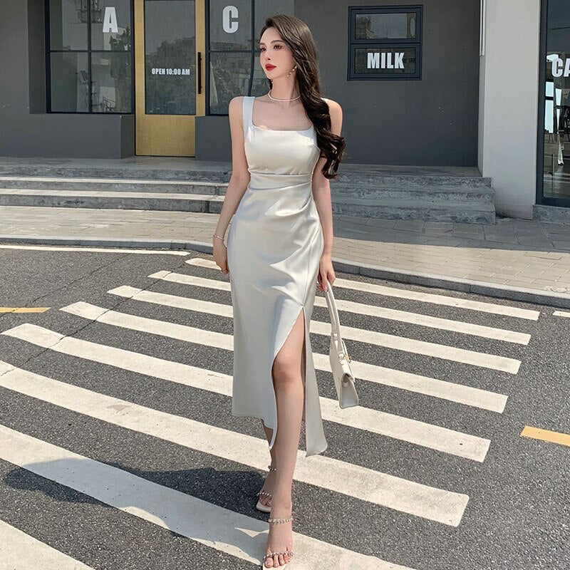 deanwangkt Summer Fashion Women Elegant White Satin French Dress Sexy Square Collar Silk Long Bodycon Dress Wedding Cocktail Prom Dresses - Deanwangkt