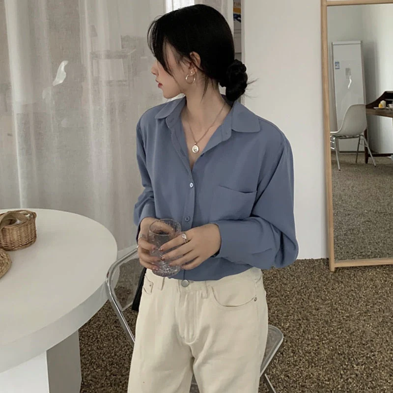deanwangkt Shirts Women Pure Elegant Office Lady Simple Korean Style Leisure Long Sleeve Blouses Womens All-match Loose Daily Thin Chic New - Deanwangkt
