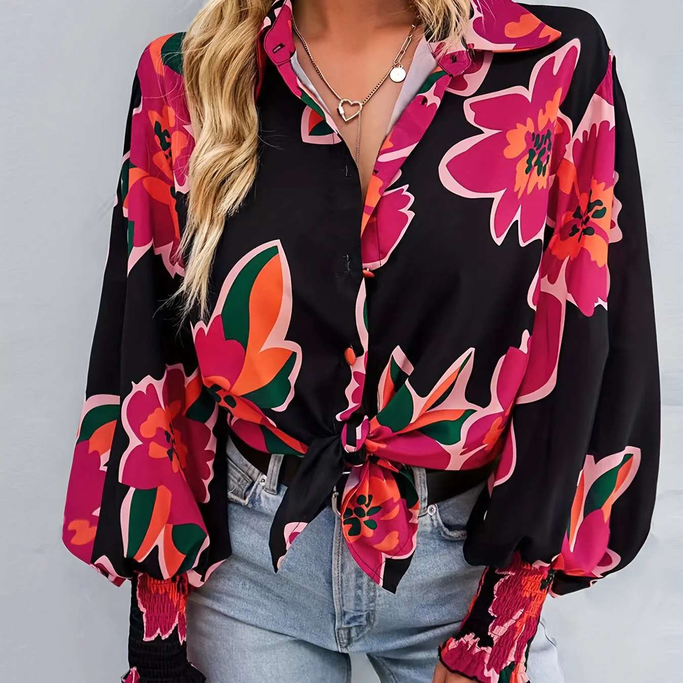 Plus Size Casual Blouse, Women's Plus Floral Print Button Up Lantern Sleeve Turn Down Collar Blouse - Deanwangkt