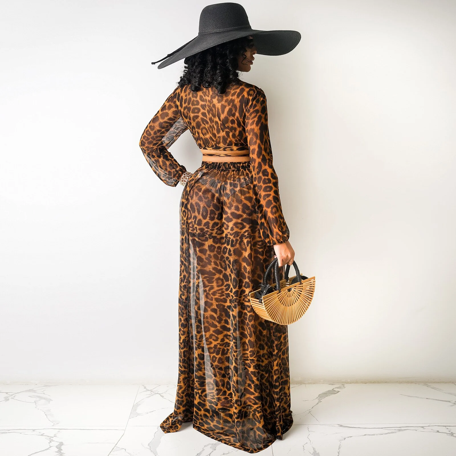 deanwangkt Leopard Print Chiffon Sexy 2 Piece Set Blouse and Maxi Skirts Matching Sets Beach Wear Vacation Outfits D41-EC38 - Deanwangkt