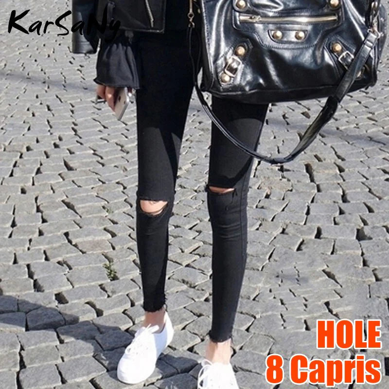 Back To School Skinny Ripped Jeans For Women  Stretch High Waist Black Jeans With Holes Destroyed Women Denim Pants With Holes Summer Jean - Deanwangkt