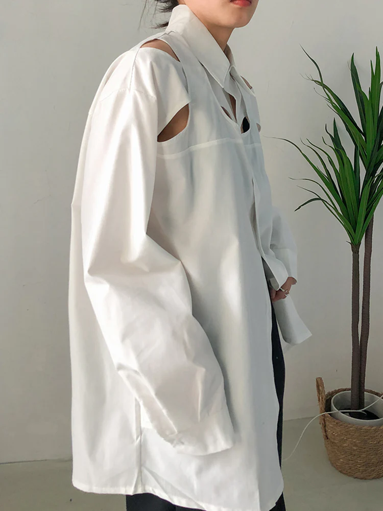 deanwangkt Minimalist Shirt For Women Lapel Long Sleeve Hollow Out Patchwork Casual Loose Blouse Female Autumn Clothing  New - Deanwangkt