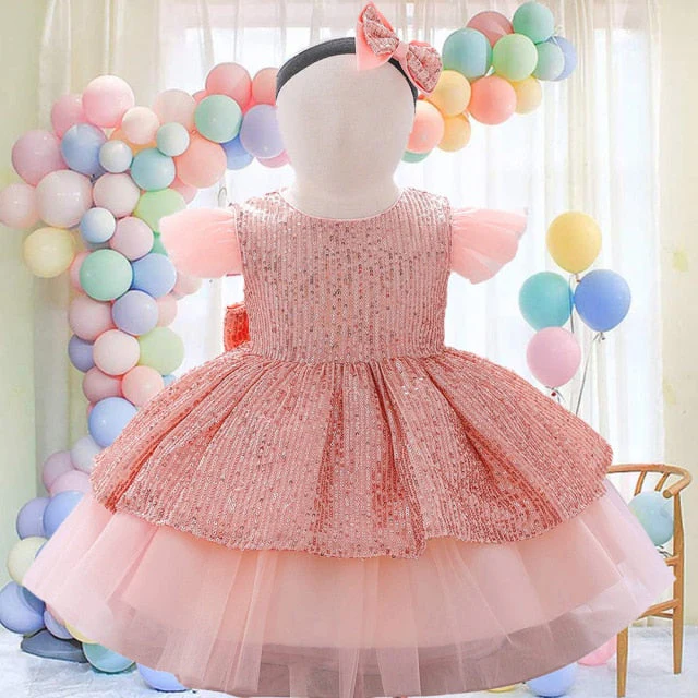 Summer Sequin Big Bow Baby Girl Dress 1st Birthday Party Wedding Dress For Girl Palace Princess Evening Dresses Kid Clothes - Deanwangkt