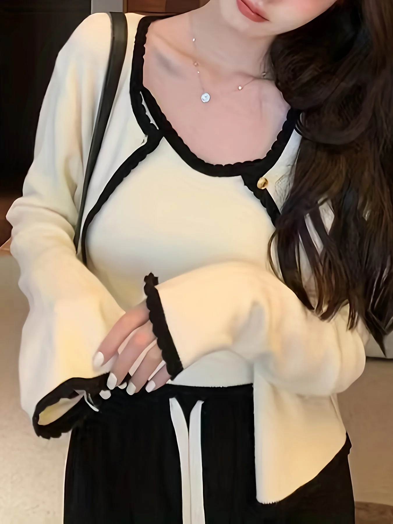 deanwangkt  Contrast Trim Two-piece Set, Cami Top & Button Front Long Sleeve Cardigan Outfits, Women's Clothing - Deanwangkt