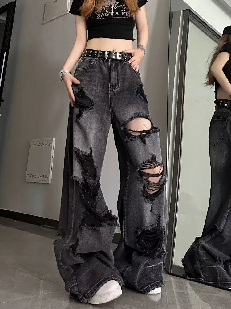 deanwangkt Niche Design Jeans, High Street Heavy Industry Wide Leg Pants, High-end Floor Length Pants, Trendy Brand Women's Jeans - Deanwangkt