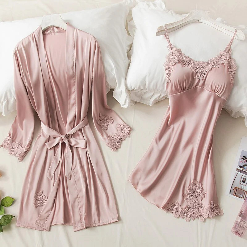 5PCS Robe Sleep Suit Pajamas Set Sexy Lace Stain Red Pajamas Women Silk Pyjamas Dressing Gown Summer Robe Sleepwear Chest Pads - Deanwangkt