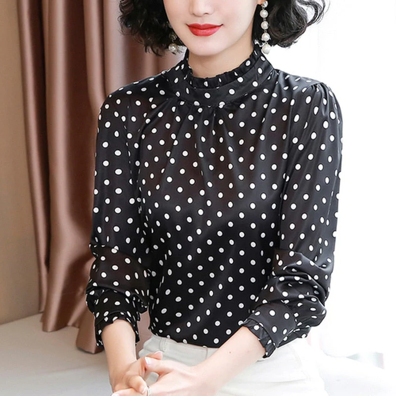 Graduation Gifts  Women Blouses Casual Stand Collar Autumn Fashion Women Shirts Blouses Long Sleeve Polka Dot Women Tops  Fashion Blusas 10589 - Deanwangkt