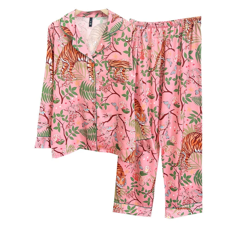 deanwangkt Pink Satin Sleepwear for Women Pajamas Jungle Tiger Print 2Pcs Long Shirt Pants Pyjamas Casual Nightwear Spring New Pajamas - Deanwangkt