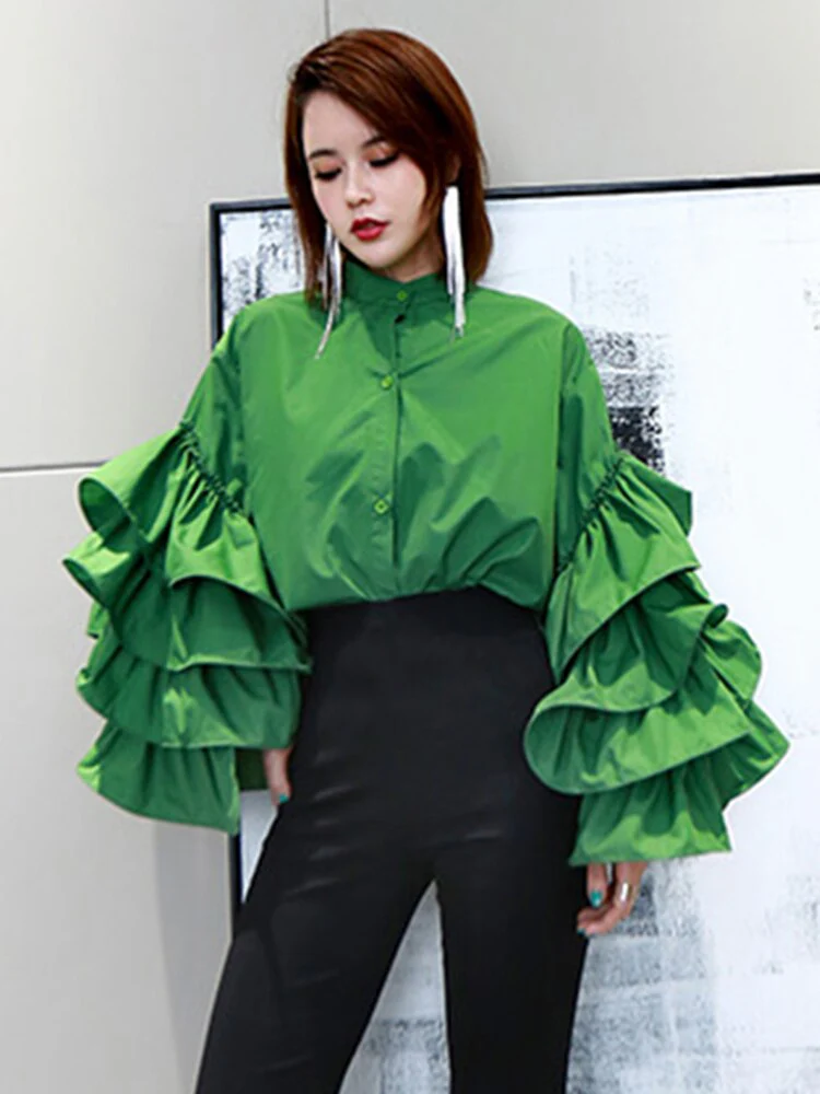 deanwangkt Loose Solid Shirt For Women Stand Collar Lantern Sleeve Patchwork Ruffle Single Breasted Chic Blouse Female  Spring - Deanwangkt
