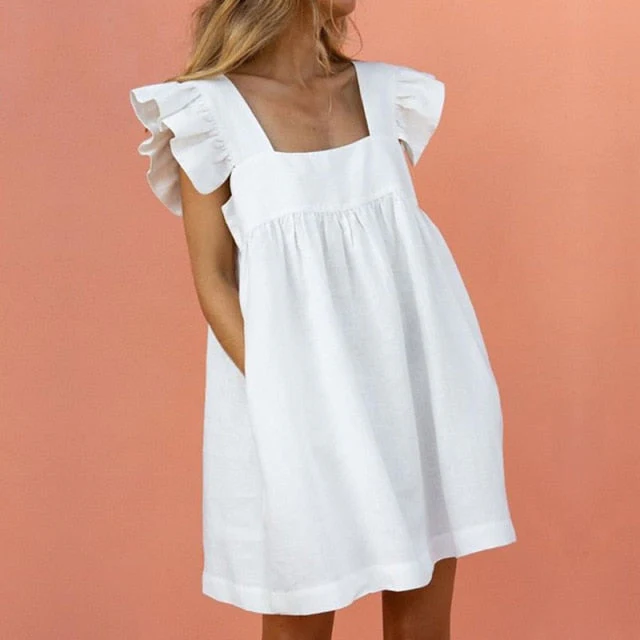 Women Ruffled Mini Dress Summer Cute Square Collar Pocket Dresses Elegant Butterfly Sleeve Beach Party Female Dresses Vestidos - Deanwangkt