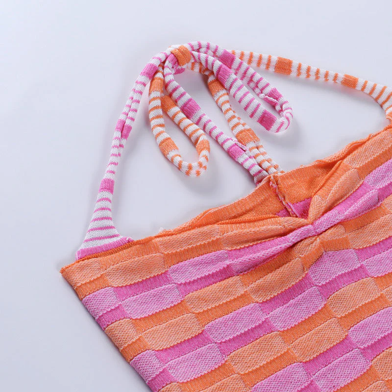 deanwangkt  Summer Women Crop Top Halter Neck Bandage Backless Off Shoulder Sleeveless Patchwork Beach Knit Sexy Tank Top - Deanwangkt