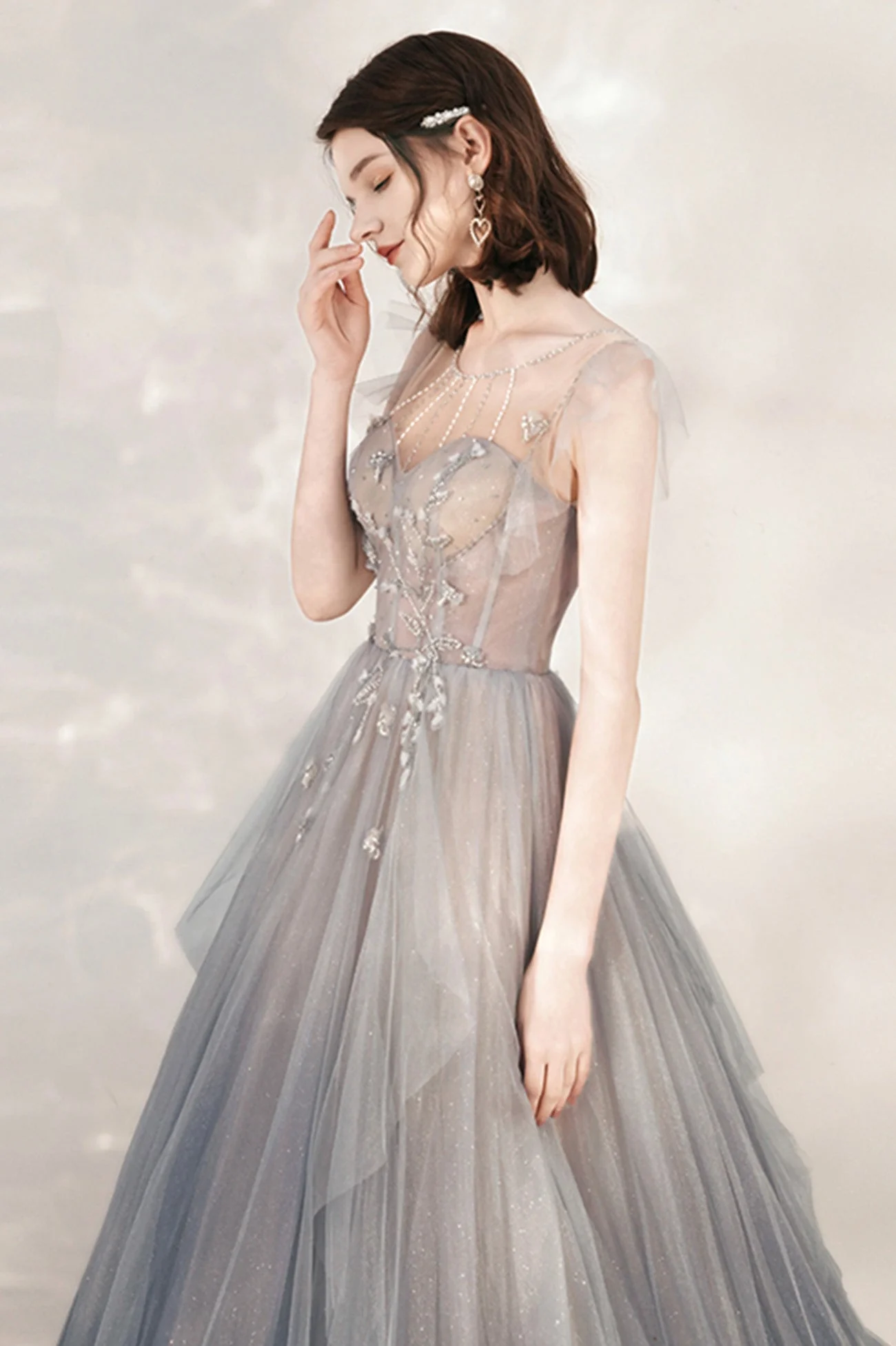 solvbao Gray Tulle Beading Long Prom Dresses, A-Line Scoop Neckline Evening Dresses - Deanwangkt