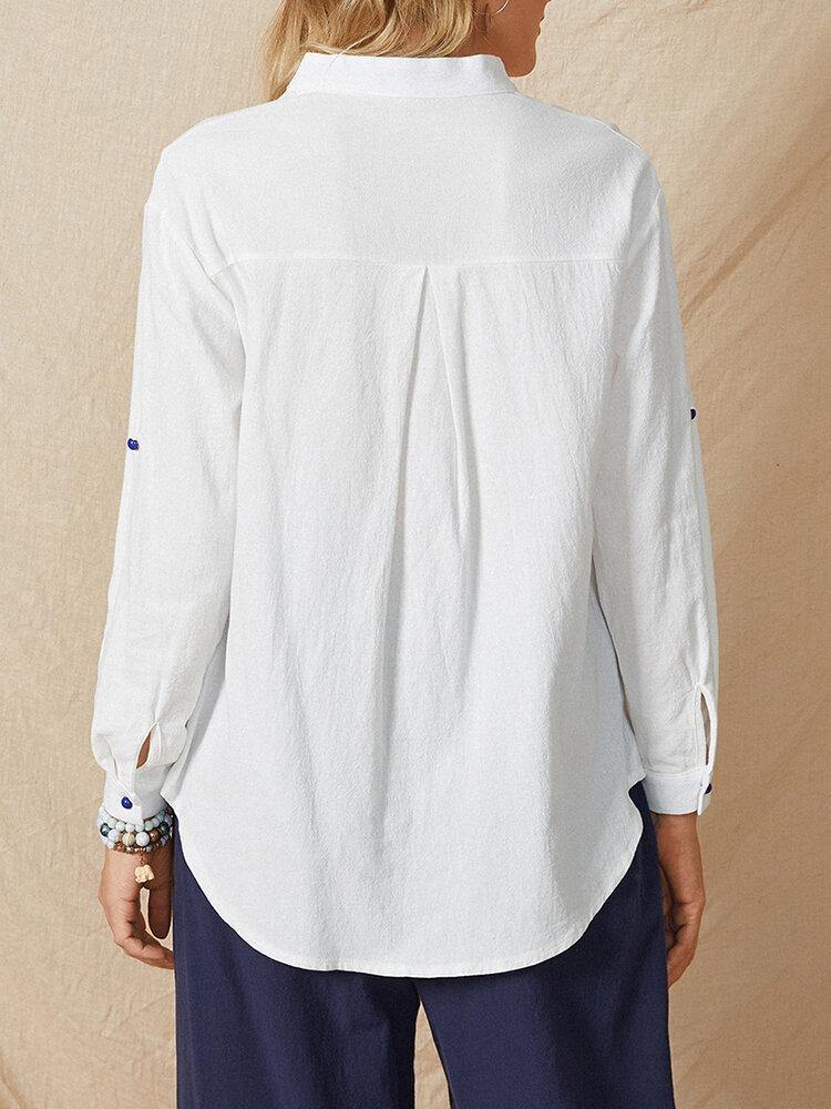 deanwangkt Cartoon Fish Print Button Stand Collar Long Sleeve Casual Blouse For Women - Deanwangkt