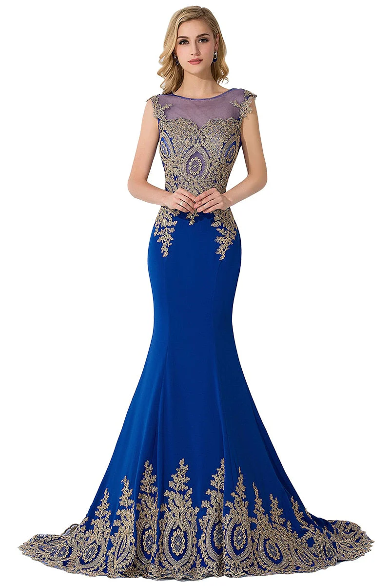 DEANWANGKT Plus Size Blue Prom Dresses Long Women Mermaid Train Party Gown Birthday Gift Lady Luxury Gold Lace Appliques See through Back - Deanwangkt
