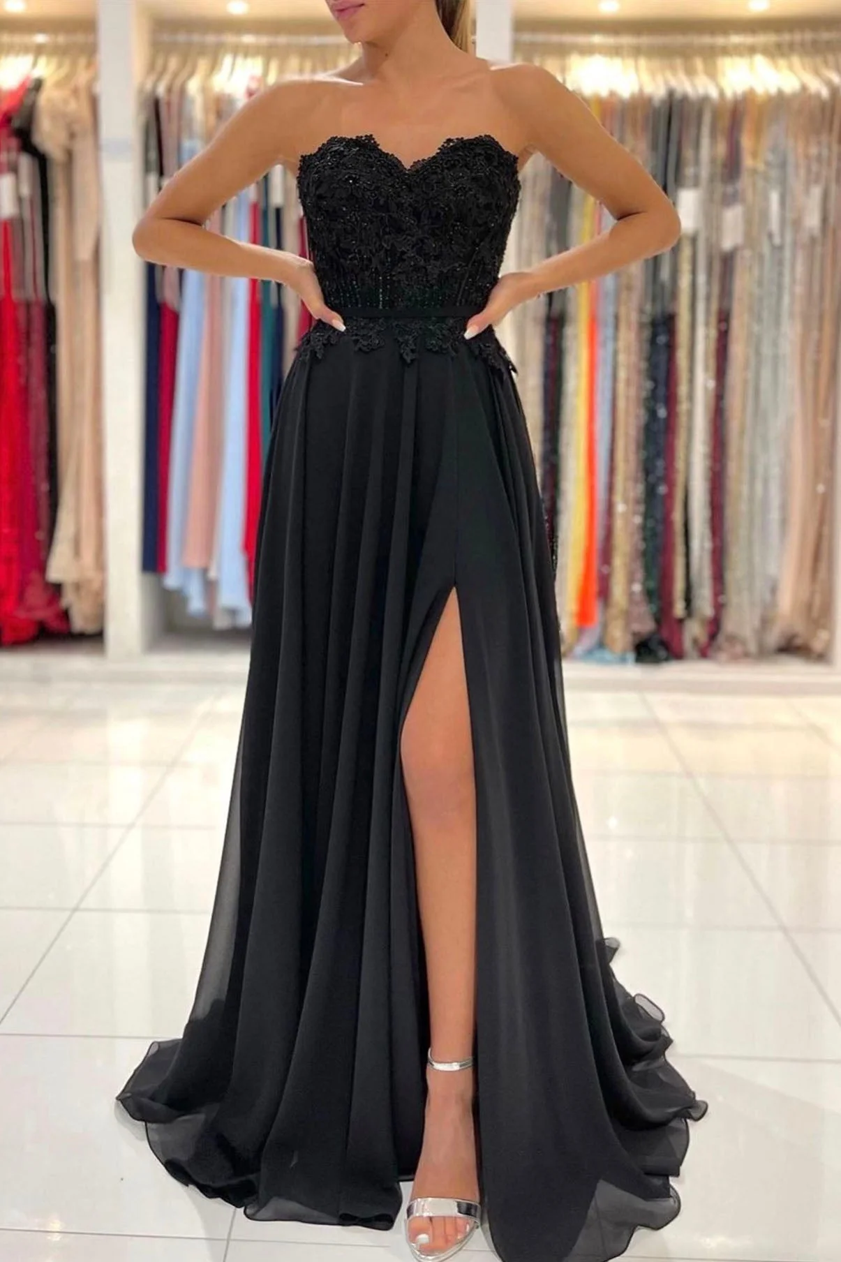 solvbao Black Chiffon Lace Long Prom Dresses, A-Line Strapless Evening Dresses - Deanwangkt