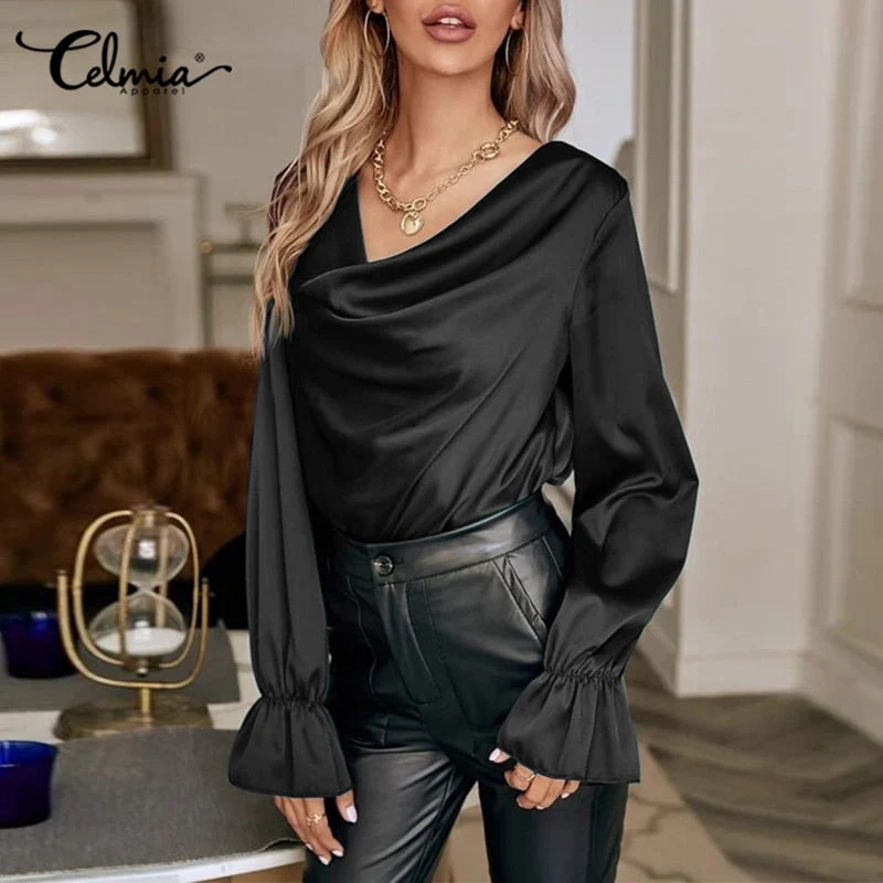 Women Satin Tops Tunics Autumn Blouses Celmia  Fashion Casual Sexy Cowl Neck Elegant Shirts Long Flare Sleeve Party Blusas - Deanwangkt
