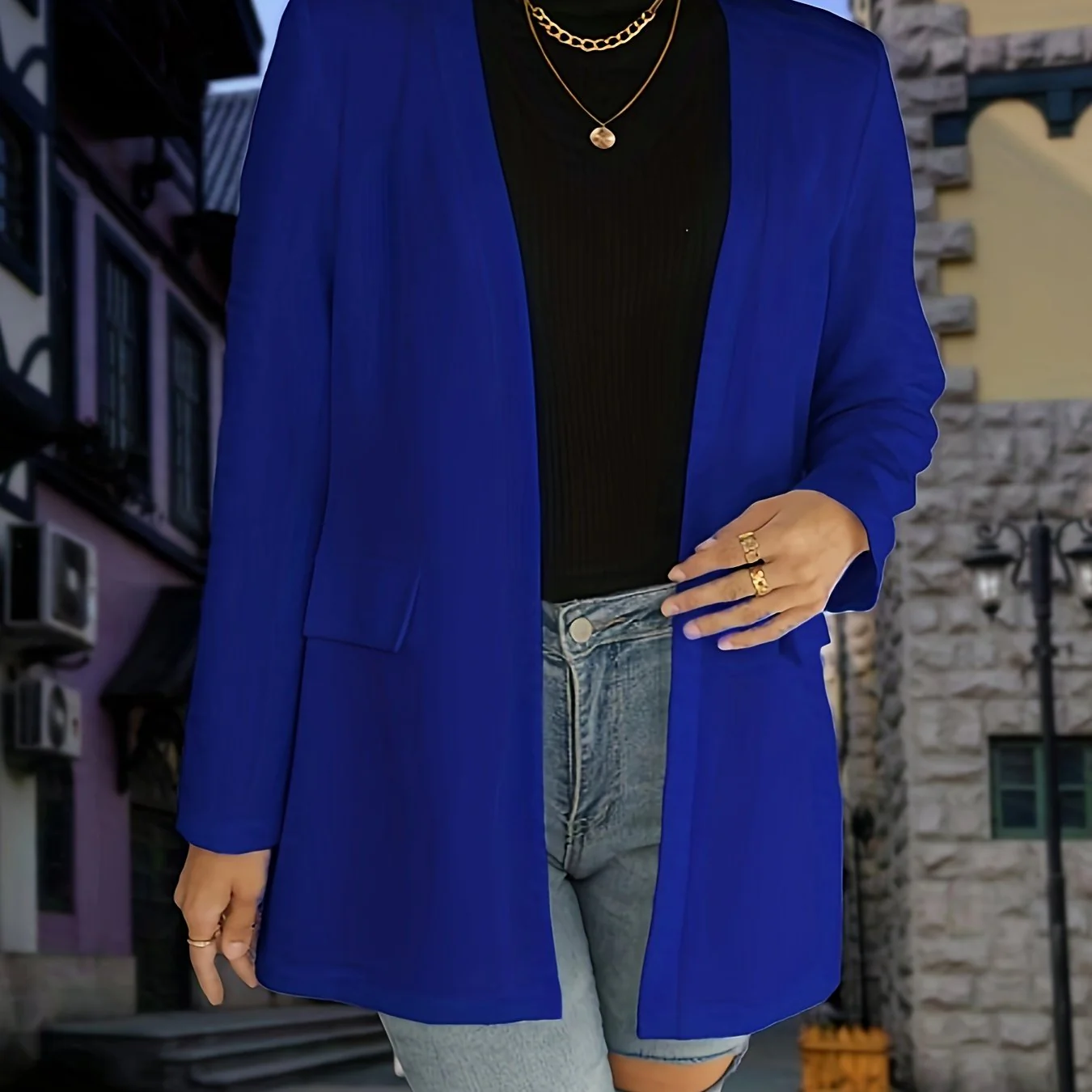 deanwangkt-1 Solid Open Front Blazer, Casual Long Sleeve Work Office Outerwear, Women's Clothing - Deanwangkt