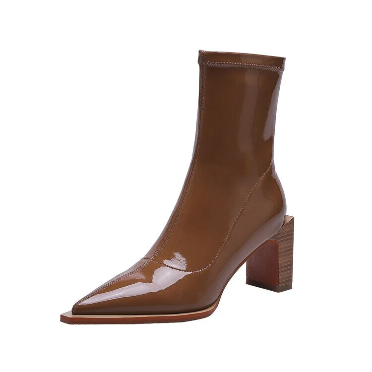 deanwangkt  Autumn Shoes   NEW Autumn Women Boots Pointed Toe High Heel Shoes Women Concise Patent Leather Boots Zipper Stretch Boots for Women Fall Shoes - Deanwangkt
