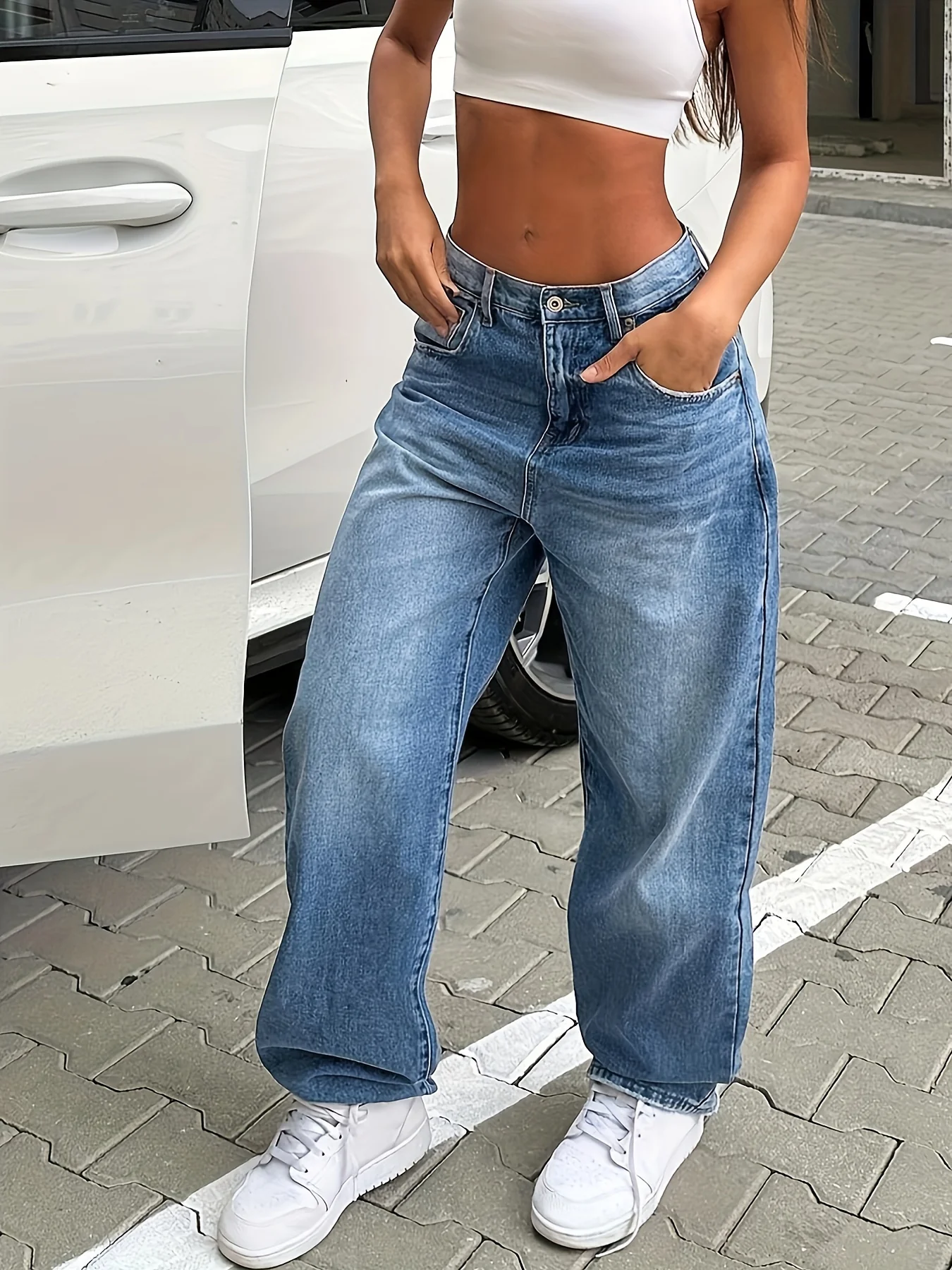 Blue Loose Fit Straight Jeans, Non-Stretch Slant Pockets Versatile Denim Pants, Women's Denim Jeans & Clothing - Deanwangkt