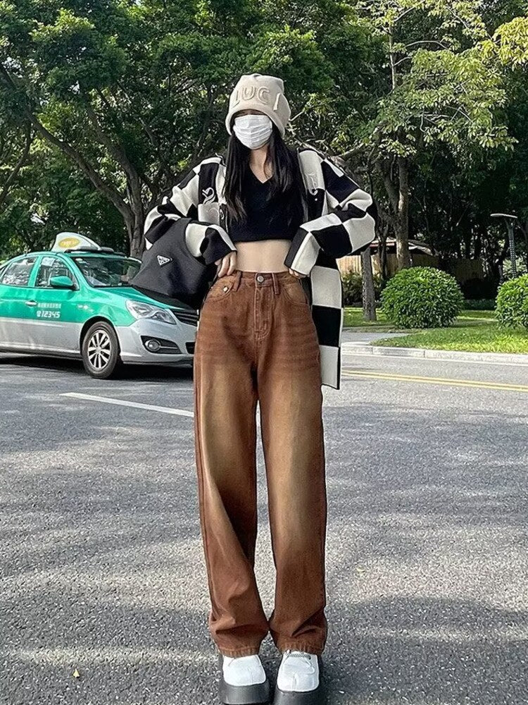 deanwangkt European And American Retro Brown Jeans Women's Spring And Autumn High-waisted Straight-leg Loose And Thin Wide-leg Pants - Deanwangkt