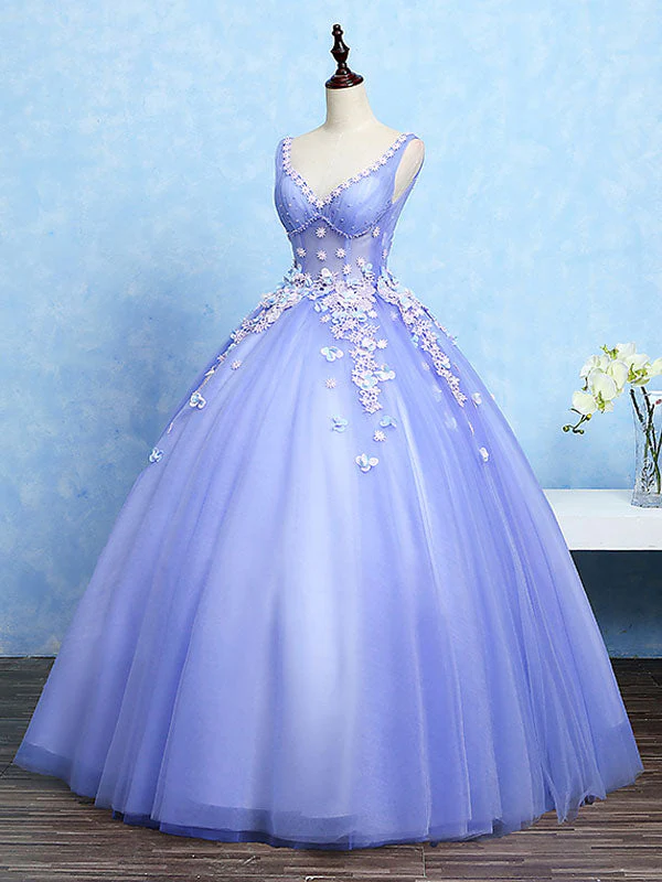 Solvbao Cute Lavender Tulle Ball Gown V-neckline Sweet 16 Dresses, Light Purple Formal Dresses - Deanwangkt