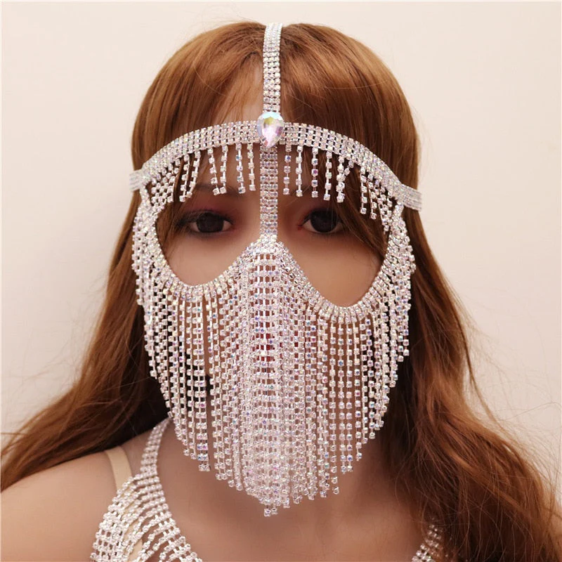 deanwangkt New Tassel Veil Masks Women Headwear Rhinestone Chains Face Mask Masquerade Dance Party Costume Sexy Face Accessories Jewelry - Deanwangkt