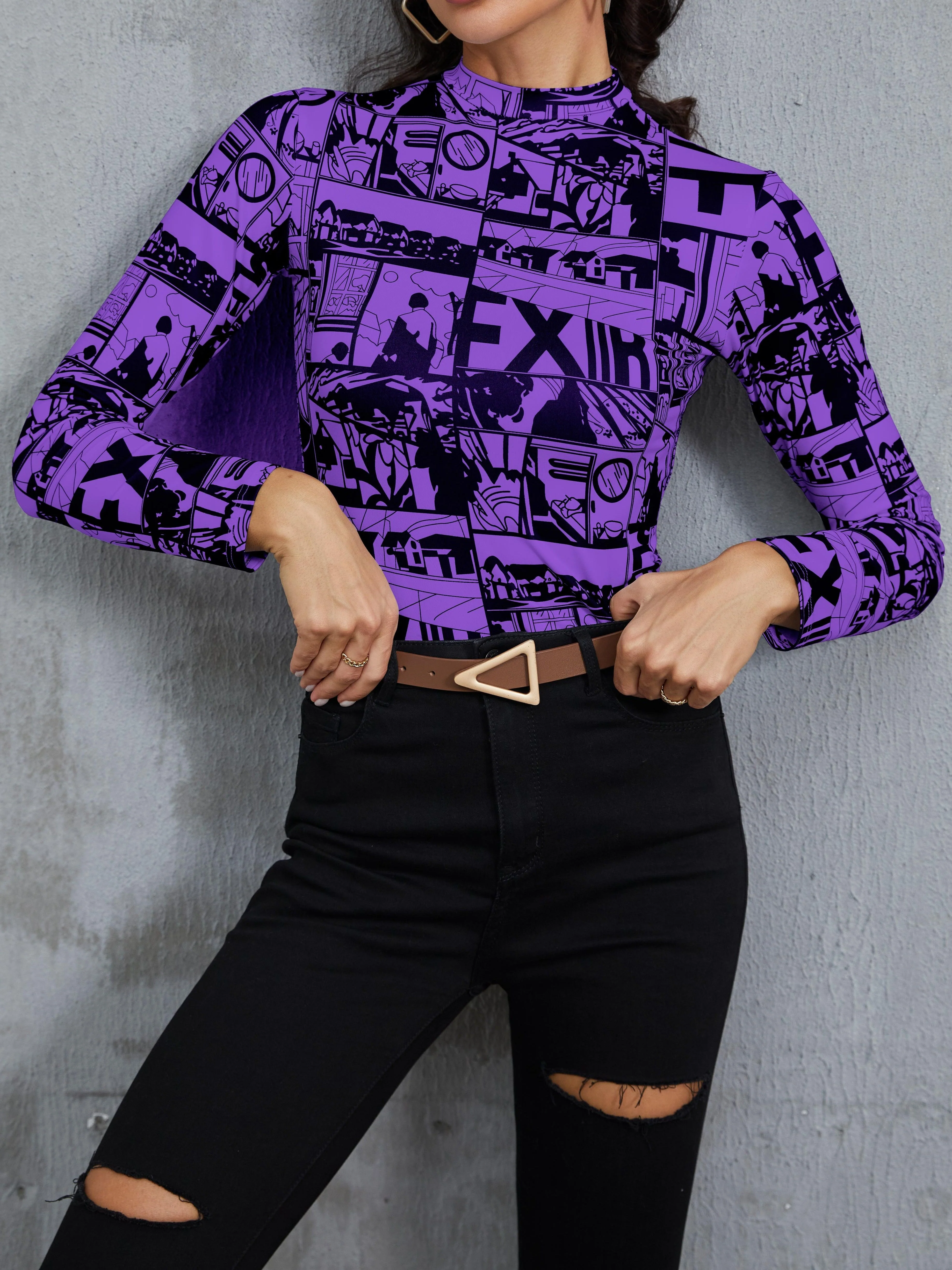 deanwangkt-1 Y2K Anime Print T-Shirt, Long Sleeve High Neck Casual Top, Women's Clothing - Deanwangkt