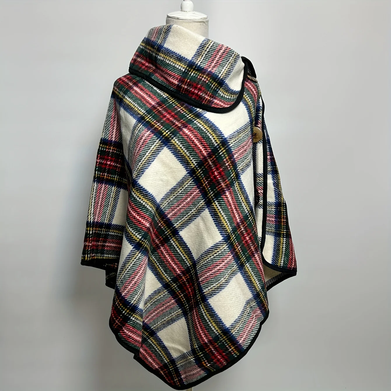 Women's British Button Shawl Multicolor Striped Pullover Poncho Autumn Winter Outerwear Warm Coldproof Cape - Deanwangkt