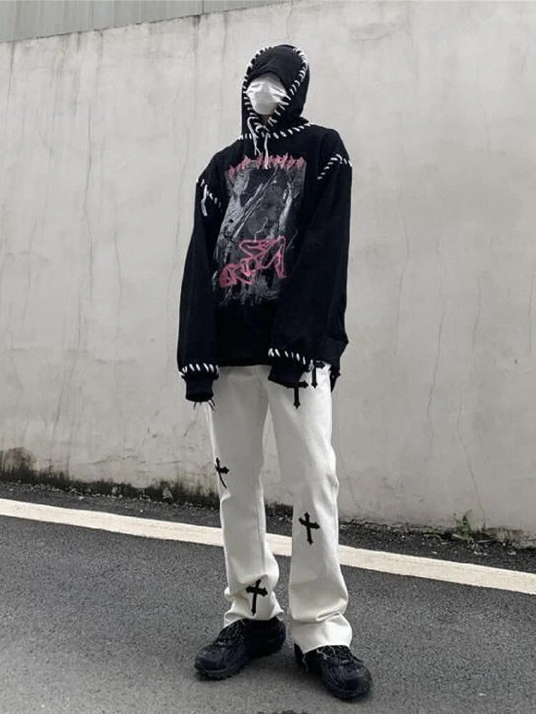 DEANWANGKT Gothic Denim Trousers Male Jeans For Men  Goth Flare Pants Men Jeans Pants Slim Fit Punk Rave Hip Hop Streetwear - Deanwangkt