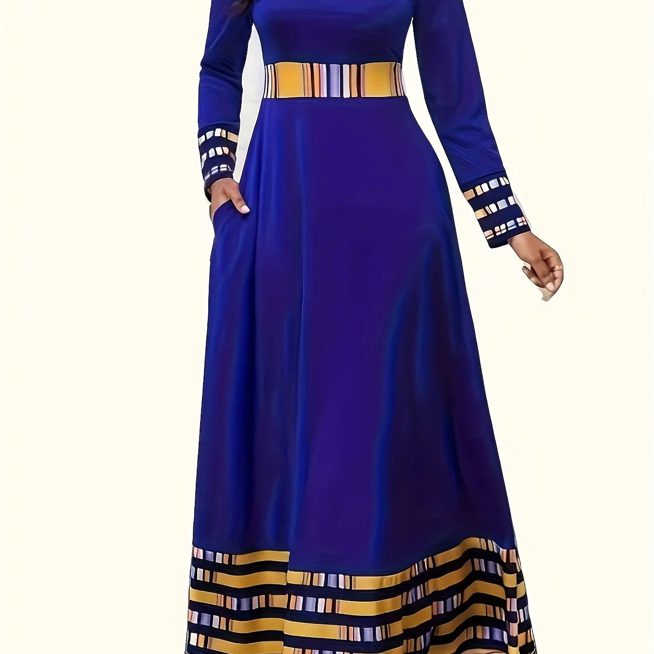 Plus Size Casual Dress, Women's Plus Geometric Print Long Sleeve V Neck Medium Stretch Pron Maxi Dress With Pockets - Deanwangkt