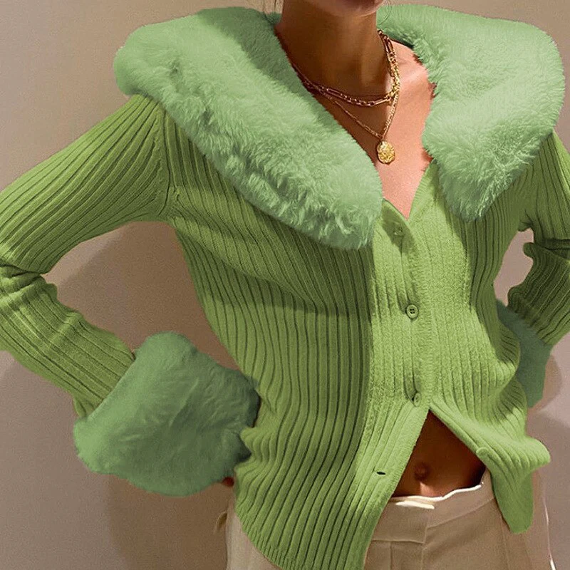 deanwangkt Fashion Fluffy Faux Fur Knitted Top Coats Women Autumn Winter Button Up Long Sleeve Warm Overcoats Casual High Street Jackets - Deanwangkt