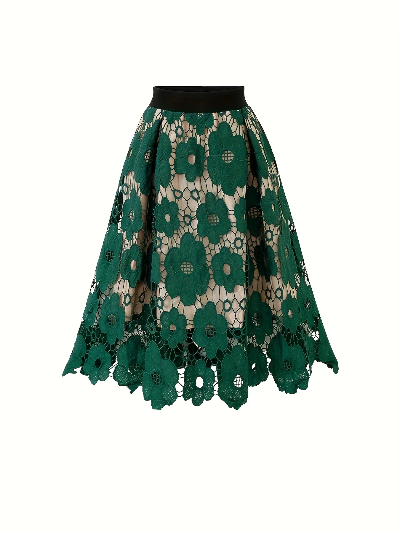 Guipure Lace Midi Skirts, Elegant High Waist Floral Pattern Skirts, Women's Clothing - Deanwangkt