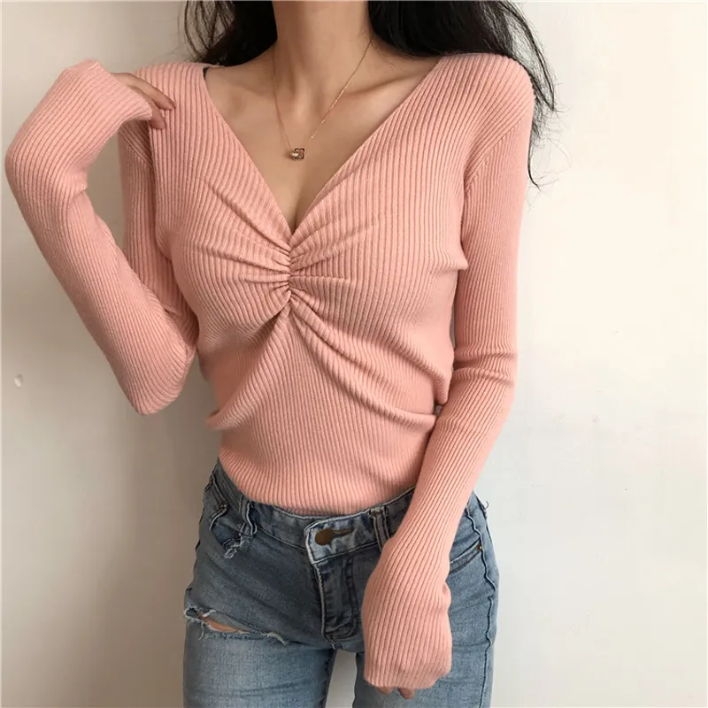 deanwangkt  Sexy V Neck Women Sweater Autumn Knitted Pullover Jumper Chic Soft Korean Slim Long Sleeve Female Basic Top New - Deanwangkt