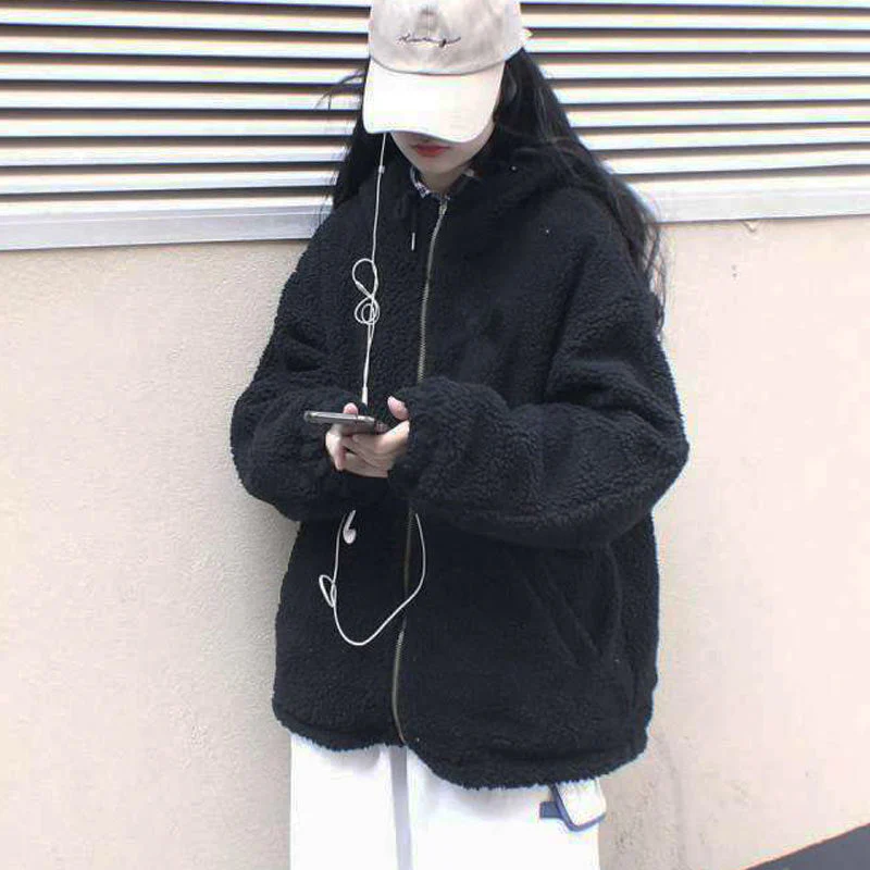 deanwangkt Women Oversized Parkas Hooded Thick Coat Ladies Soft Kawaii Jackets Double Sided Outerwear Autumn Winter Warm Long Sleeve Tops - Deanwangkt