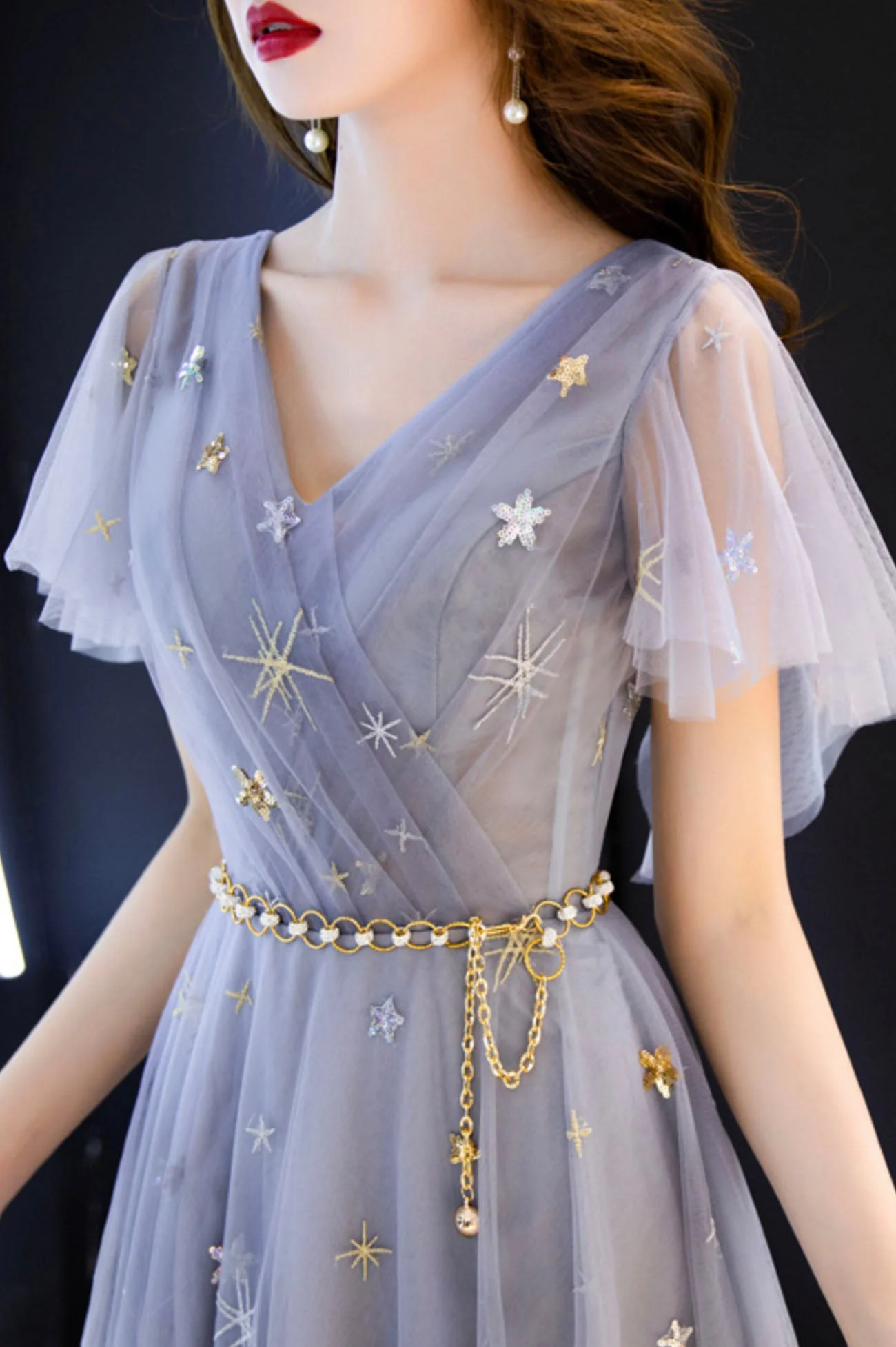 solvbao Blue Tulle Long A-Line Prom Dresses, V-Neck Evening Dresses - Deanwangkt