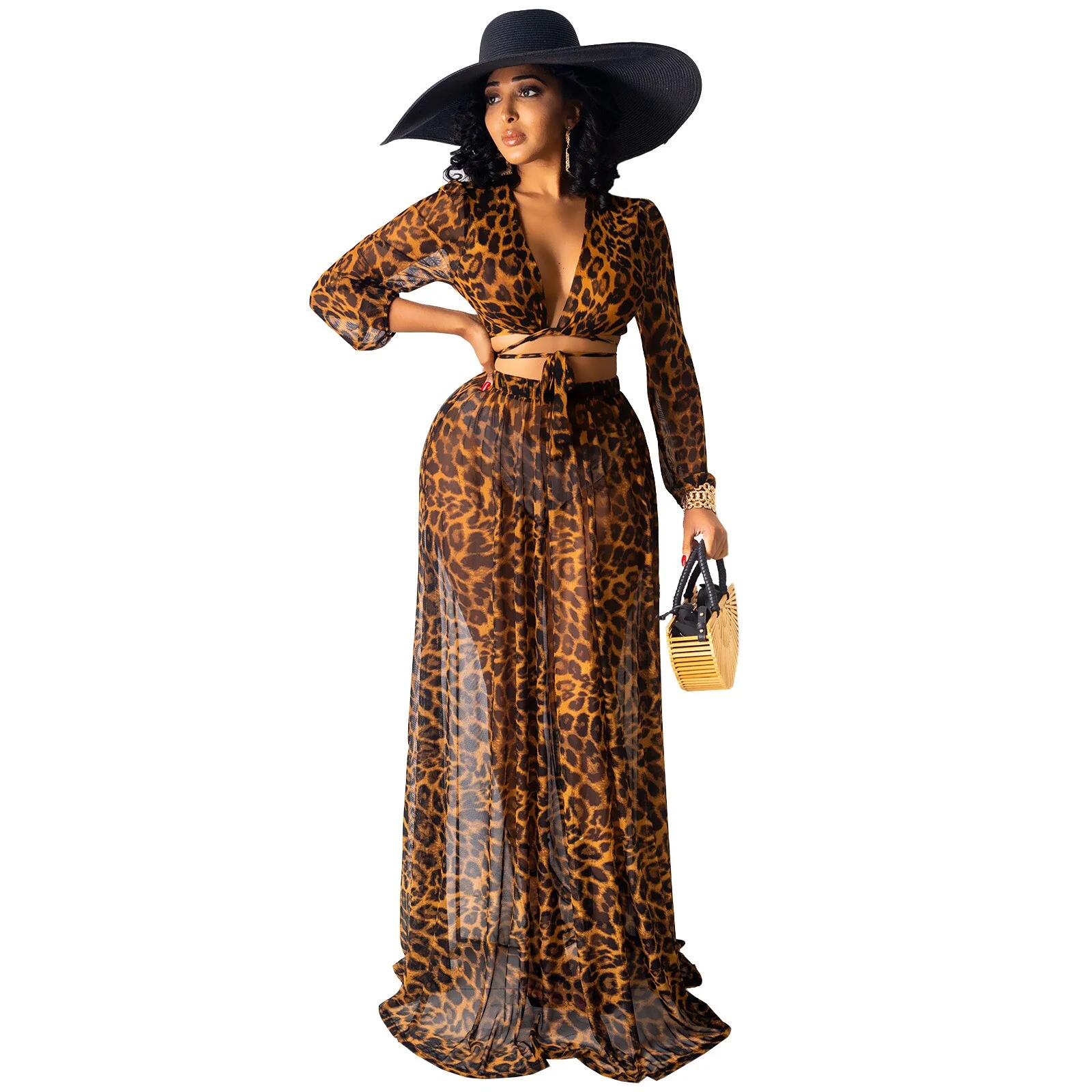 deanwangkt Leopard Print Chiffon Sexy 2 Piece Set Blouse and Maxi Skirts Matching Sets Beach Wear Vacation Outfits D41-EC38 - Deanwangkt