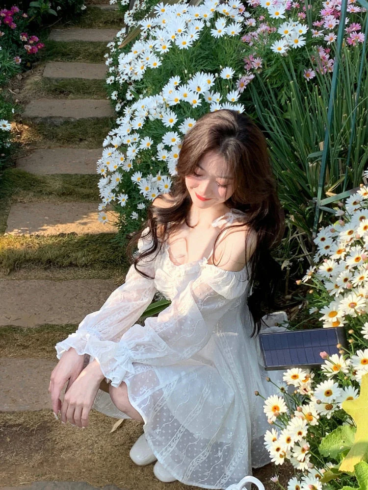 deanwangkt White Kawaii Sweet Dress Women Summer Korean Chic Elegant Party Mini Dress Fairy Casual Japanese Lolita Princess Cute Dress - Deanwangkt