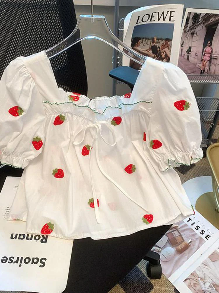 deanwangkt Shining Pink Strawberry Mesh Sexy V Neck Blouses Woman New Summer Puff Sleeve Blusa Shirts Casual Sweet Tops Female - Deanwangkt