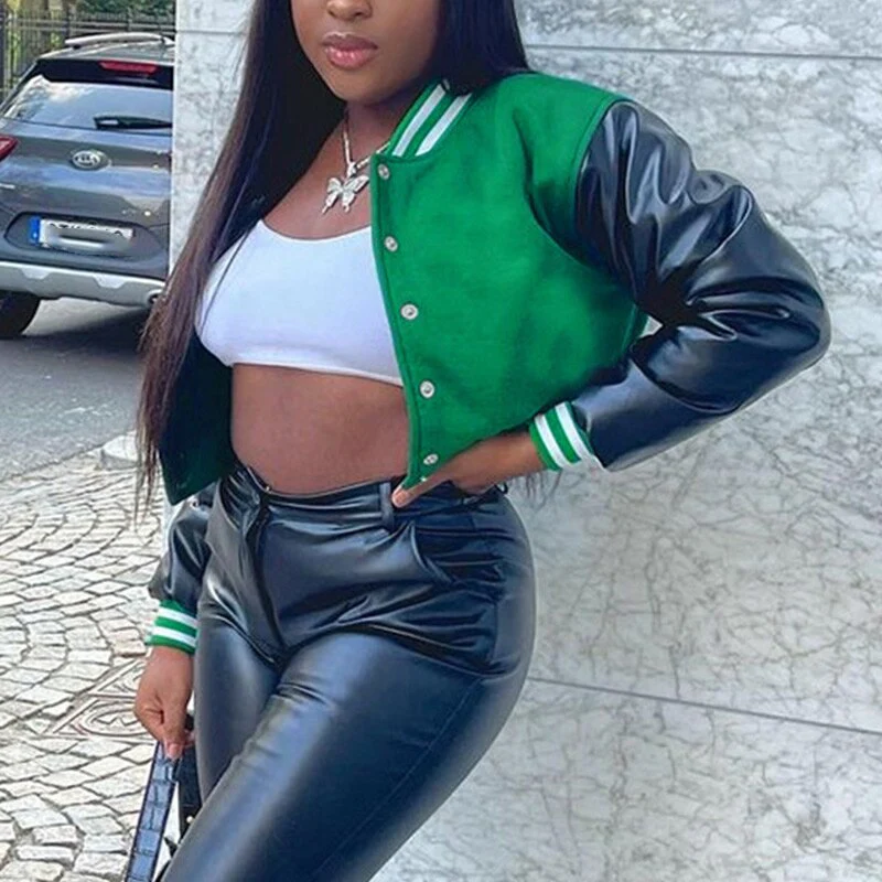 deanwangkt Patchwork Crop Jacket Varsity Women Autumn Winter Casual Oversized Y2k Fashion Baseball Coat - Deanwangkt