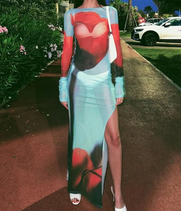 deanwangkt Women Mesh Side Split Longsleeve Dress Chic See Through Print Floral See Through Maxi Dress Ladies Beach Holiday Robe - Deanwangkt