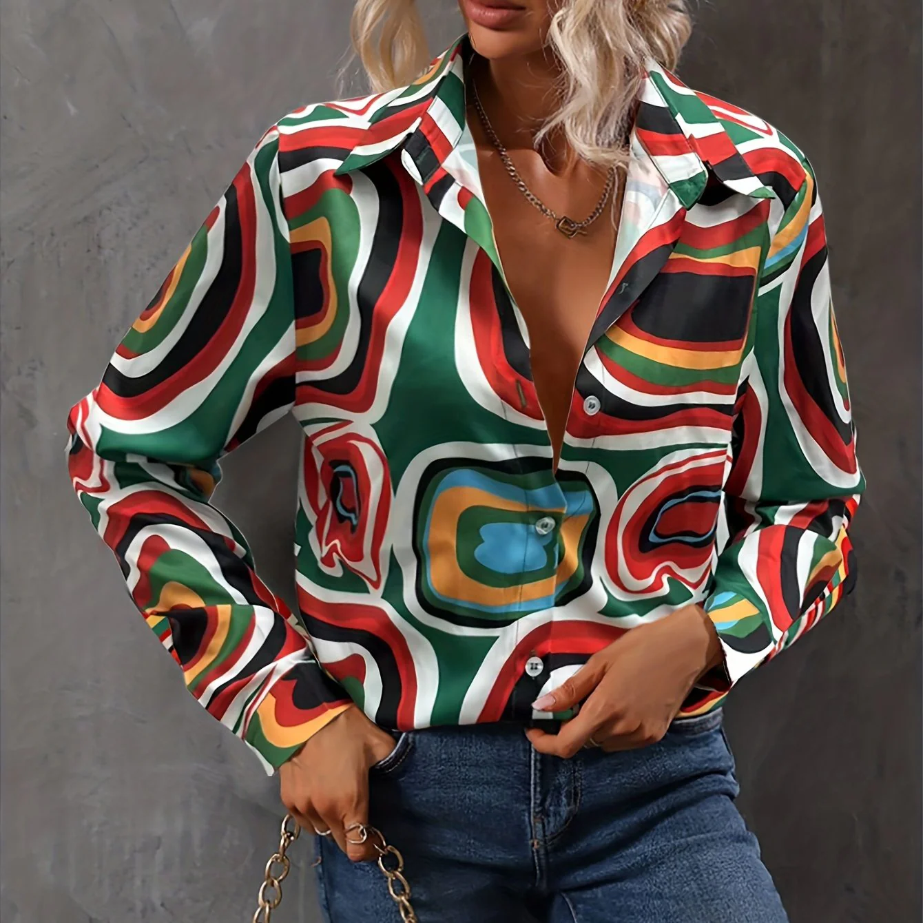Abstract Print Shirt, Casual Button Front Long Sleeve Shirt, Women's Clothing - Deanwangkt