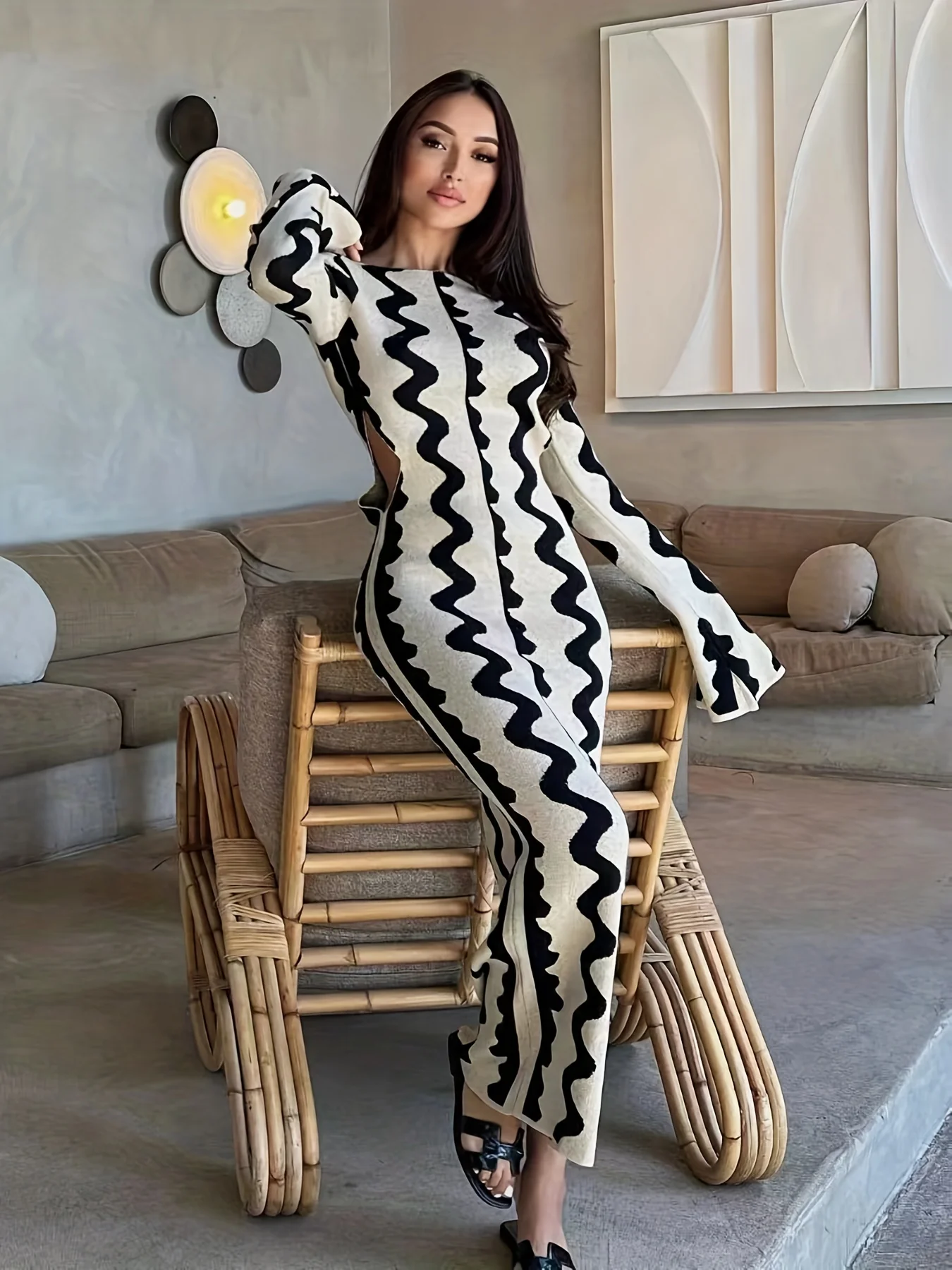 Striped Bodycon Sweater Flare Long Sleeve Dress, Cut Out Long Sleeve Casual Dress, Women's Clothing - Deanwangkt