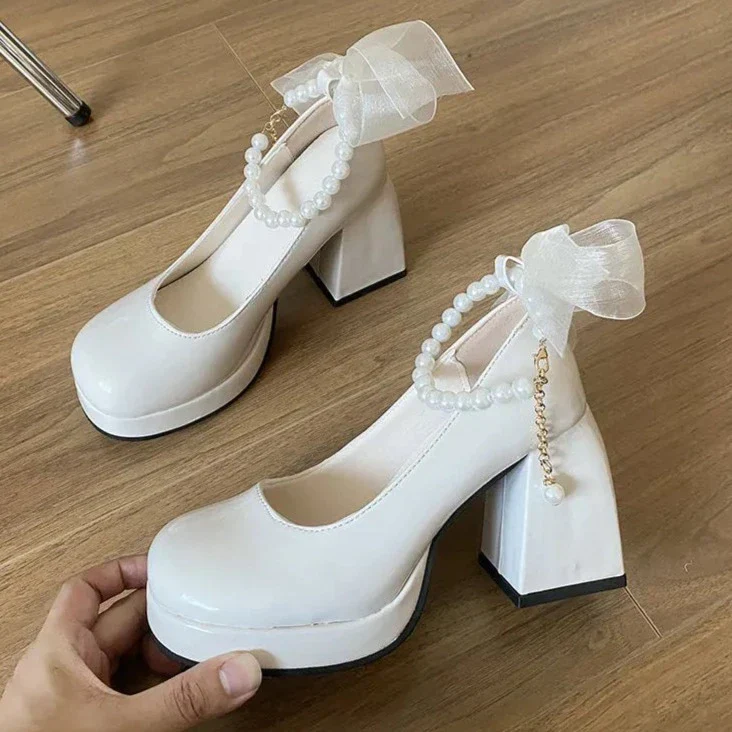 deanwangkt New Pearls Strap Square Heels Pumps Women Shoes Fashion Pu Leather Platform Mary Janes Woman High Heels Party Wedding Shoes - Deanwangkt